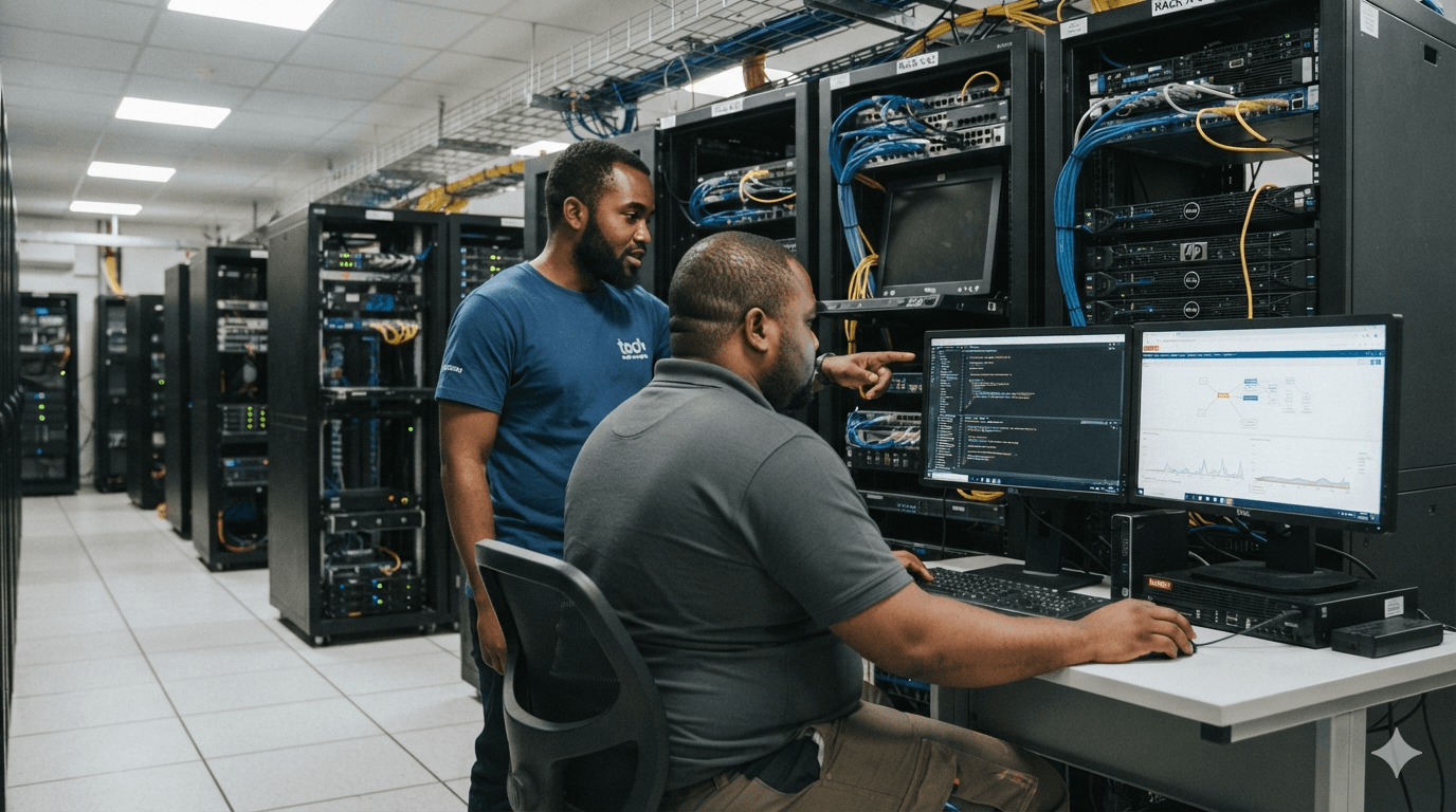 A Vuti Tech technician working in a server room