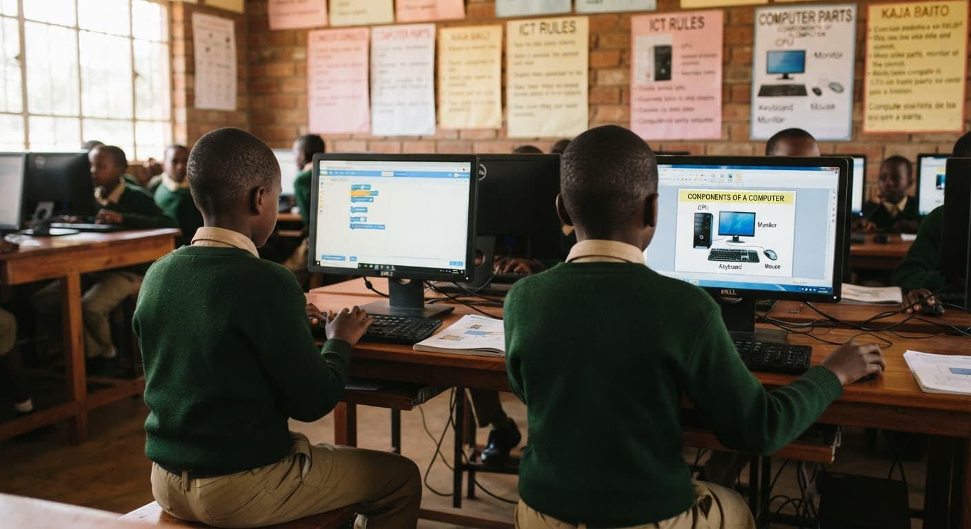 Students using donated computers in a classroom